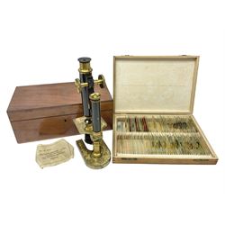 R & J Beck London microscope, model 7597, contained in fitted case, together with a boxed collection of glass microscope biological sample slides