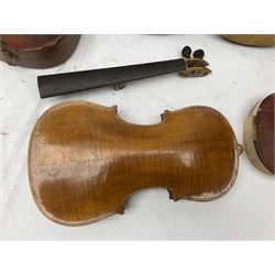 French violin for restoration with 36cm two-piece maple back and ribs and spruce top, bears label 'Lutherie Artistique M. Couturieux'; in wooden case; two modern three-quarter size violins in cases; and five violins for spares or repair