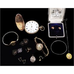 9ct gold watches including Early 20th century full hunter lever pocket watch, London import marks 1908, manual wind wristwatch, on gold expanding link bracelet, Rotary wristwatch, on expanding gilt bracelet, 9ct gold screw back earrings, silver and gilt jewellery 