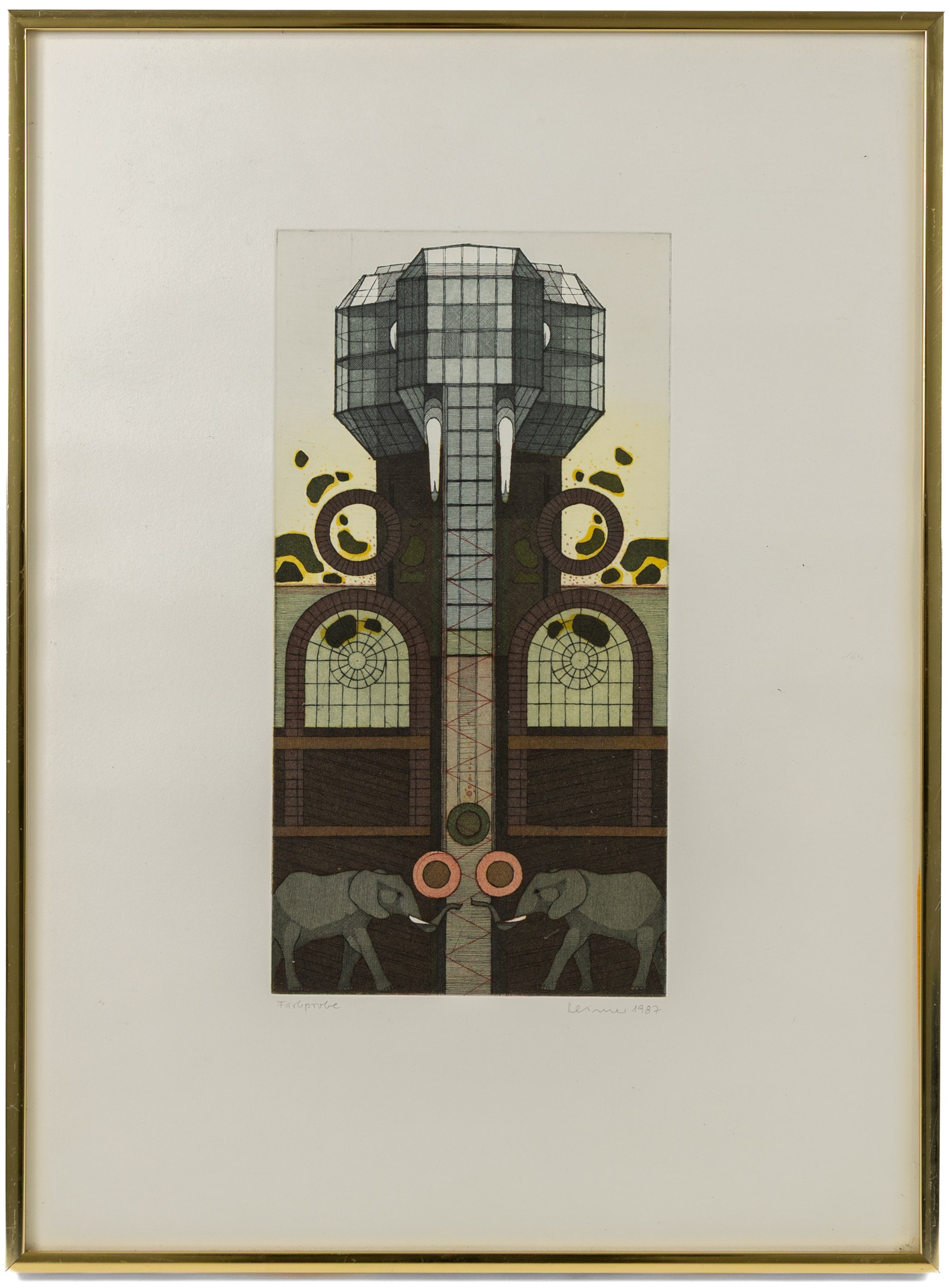 Hans-Joachim 'Jockel' Reisner (German 1938-2023): Imposing Elephant, coloured etching signed and dated 1987 in pencil 32.5cm x 17cm
Notes: Reisner is best known for creating the Bradford City Fire Memorial in 1986. His style of printmaking is characterised by geometric lines and shapes, influenced by his degree in engineering.