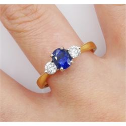 18ct gold three stone oval sapphire and round brilliant cut diamond ring, stamped 18KT, total diamond weight approx 0.30 carat, sapphire approx 0.80 carat