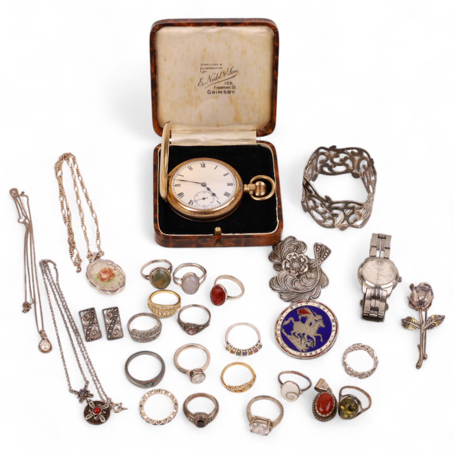 Early 20th century gold-plated full hunter pocket watch, white enamel dial with Roman numerals, silver enamelled coin, silver rings, pendant necklaces and a Tissot wristwatch