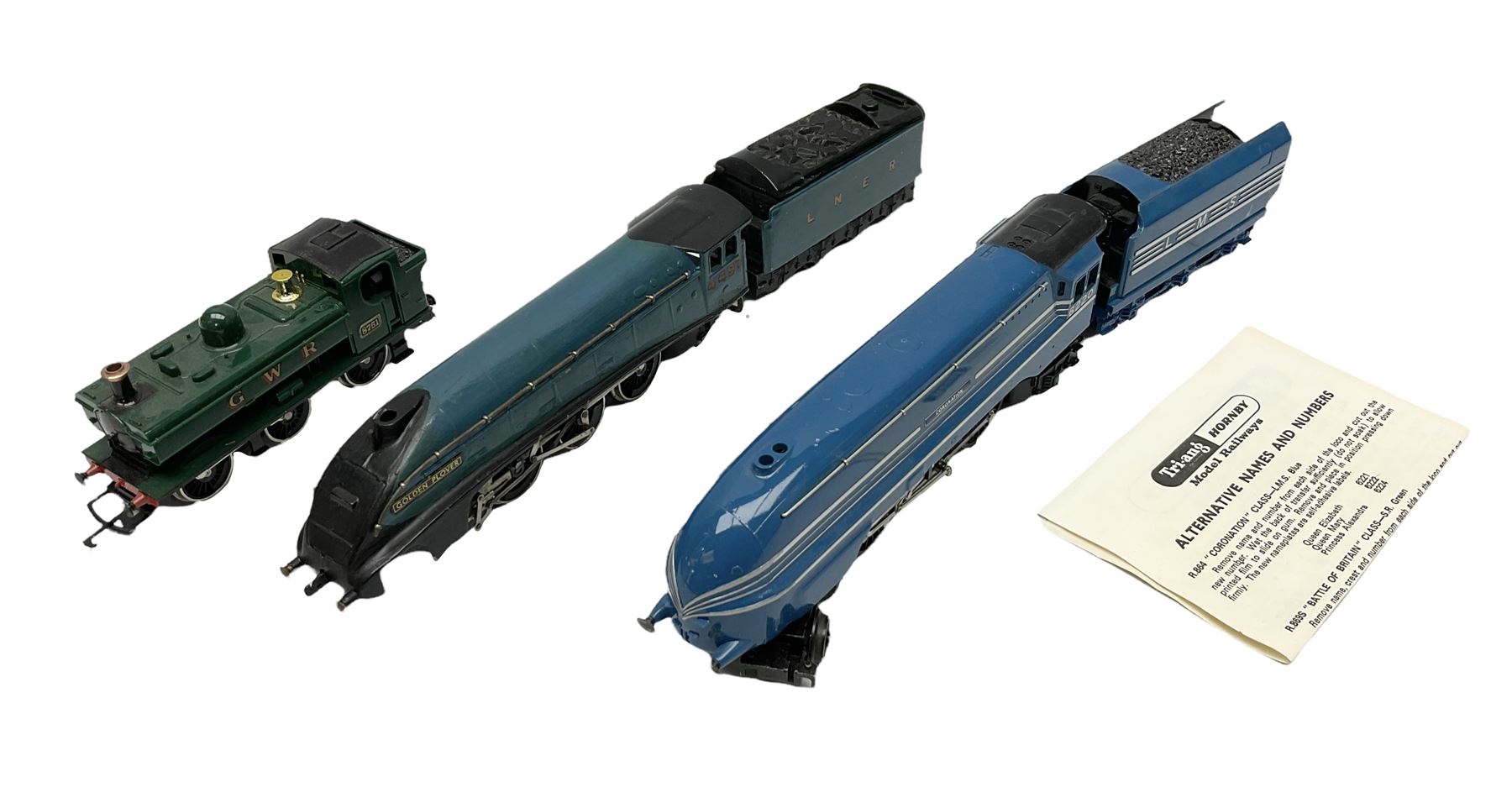 Tri-ang Hornby '00' gauge - Coronation Class 4-6-2 locomotive 'Coronation' No.6220 in LMS blue/silver livery with 'Alternative Names & Numbers' pack in box base with plain slip case; and Class 57XX 0-6-0 Pannier Tank locomotive No.8751; boxed; together with an incomplete and repainted Hornby Dublo Class A4 4-6-2 locomotive 'Golden Plover' No.4497 in associated box (3)