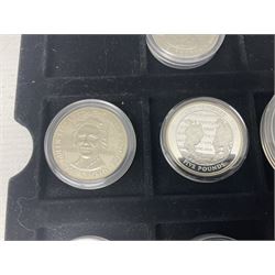 Mostly commemorative coins, including Bailiwick of Guernsey 1997 silver proof one pound, Alderney 2007 hexagonal five pounds,  Queen Elizabeth II Gibraltar 2019 'The Silver Sovereign' etc