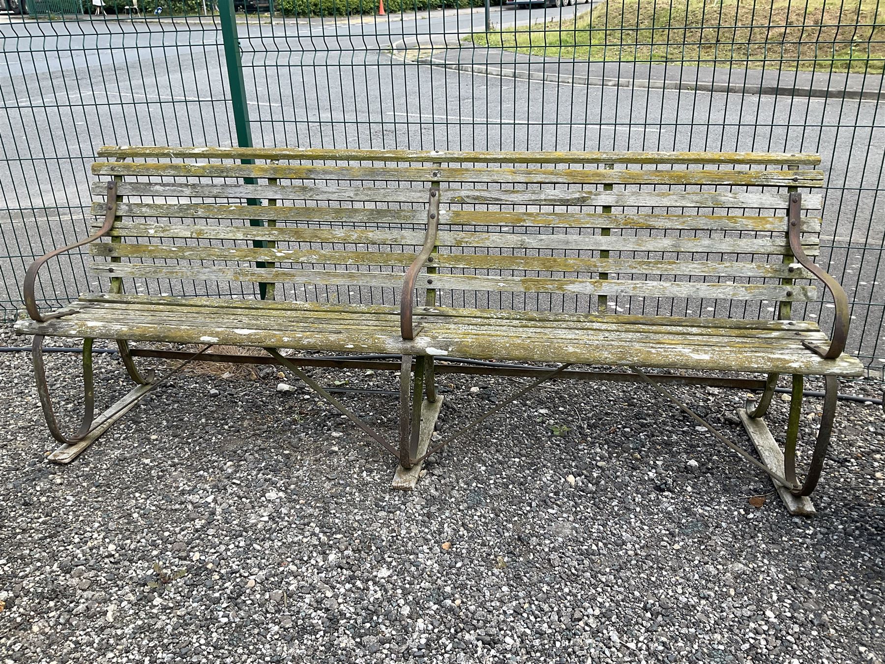 Late 19th century wrought iron and wood slatted four seater double garden bench - THIS LOT IS TO BE COLLECTED BY APPOINTMENT FROM DUGGLEBY STORAGE, GREAT HILL, EASTFIELD, SCARBOROUGH, YO11 3TX