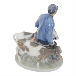 Five Royal Copenhagen porcelain figures of farm animals, comprising Boy with Pig no 848, Boy with Calf no.772, Boy with Sheep no 627, Boy with Calf's no.1858, Girl with Goats no 694