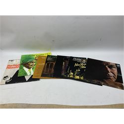 Collection of Frank Sinatra LP vinyl records, to include Sinatra Trilogy Past Present Future, Ol' blue eyes is back, My Way, etc., together with two books, The Sinatra Treasures by Charles Pignone, and Frank Sinatra by Jessica Hodge, plus a Beatles LP vinyl record, Love Songs, in one box