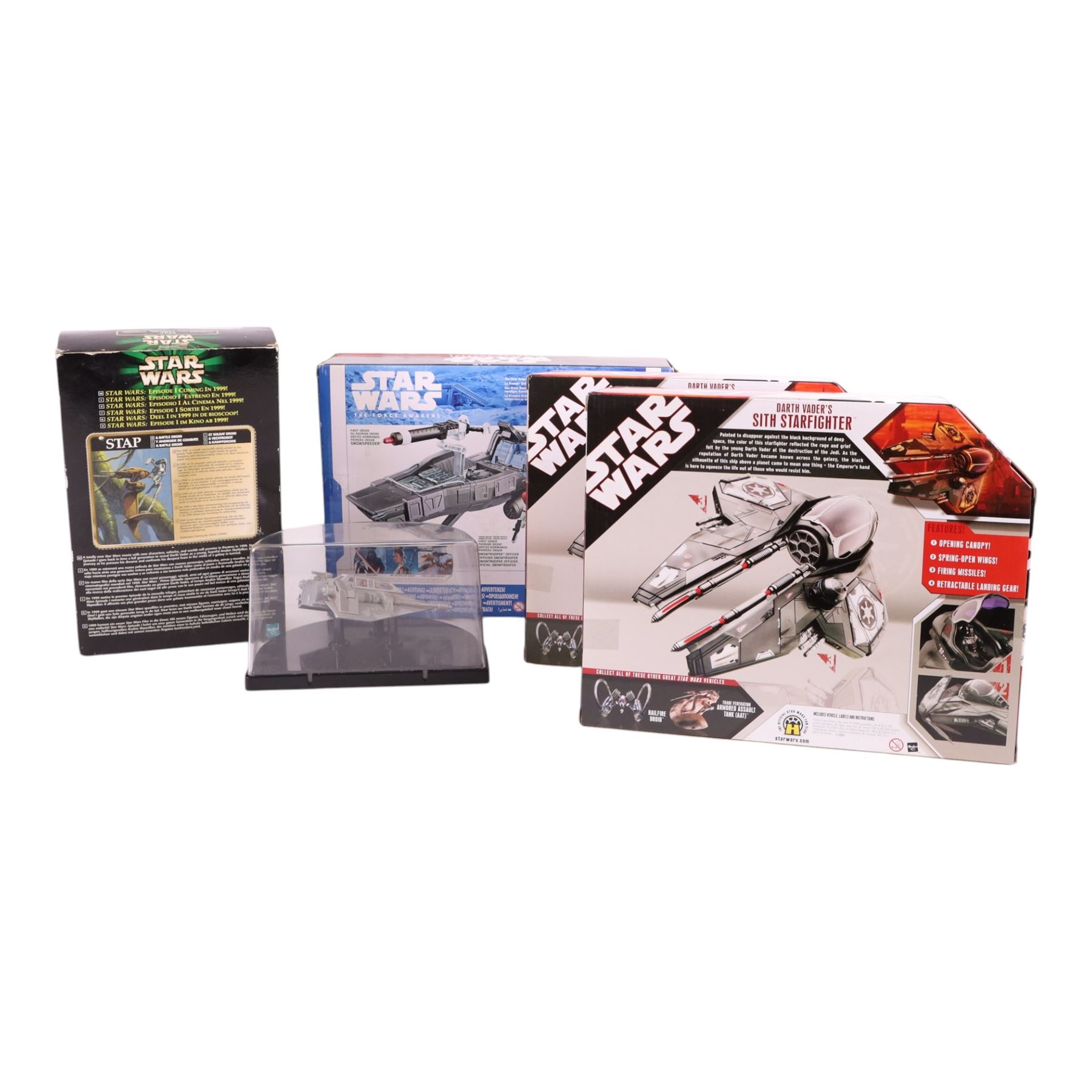 Hasbro Star Wars model vehicles, comprising two Darth Vader's Sith Starfighters, Stap and Battle Droid, Titanium Series Snowspeeder and a The Force Awakens First Order Snowspeeder, all boxed