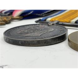 WW1 Military Medal KIA group of four comprising MM, British War Medal, 1914-15 Star and Victory Medal awarded to 32225 Pte. (later A.Sjt.) E.L. Holmes R.A.M.C., the MM inscribed 28F/A R.A.M.C.; all with ribbons; together with photocopied research material including newspaper article with presentation photograph, CWGC certificate,  London Gazette entry etc
