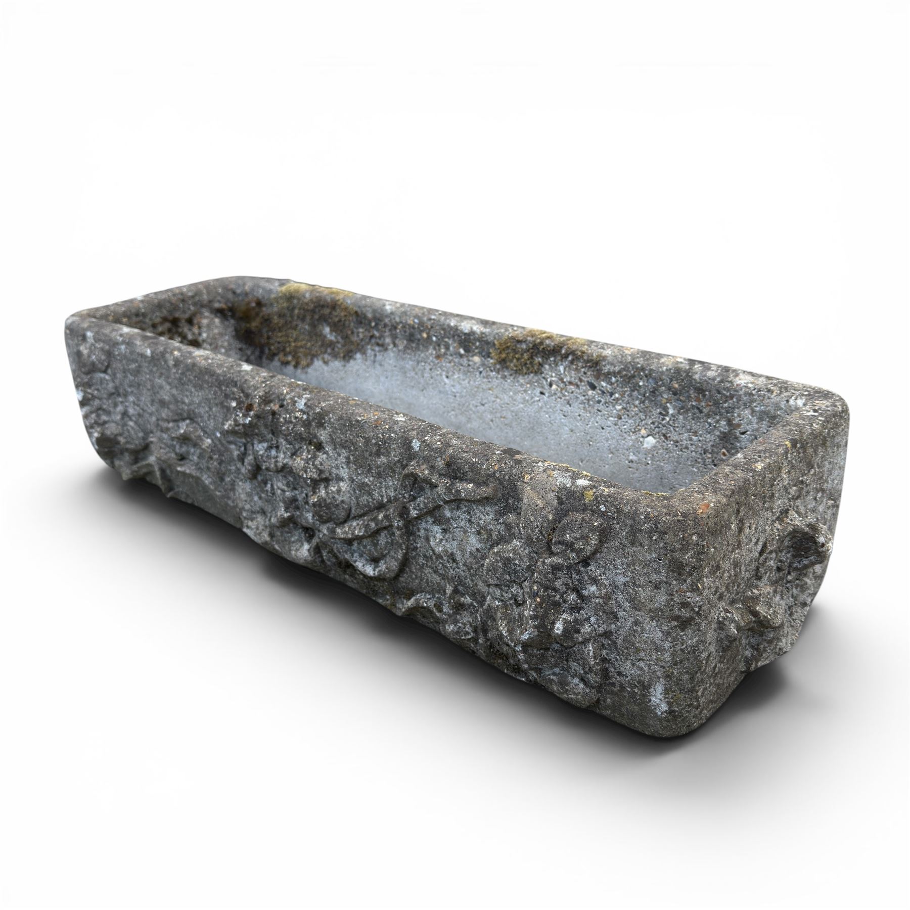 Pair of rectangular weathered cast stone planters, ornate moulded detail