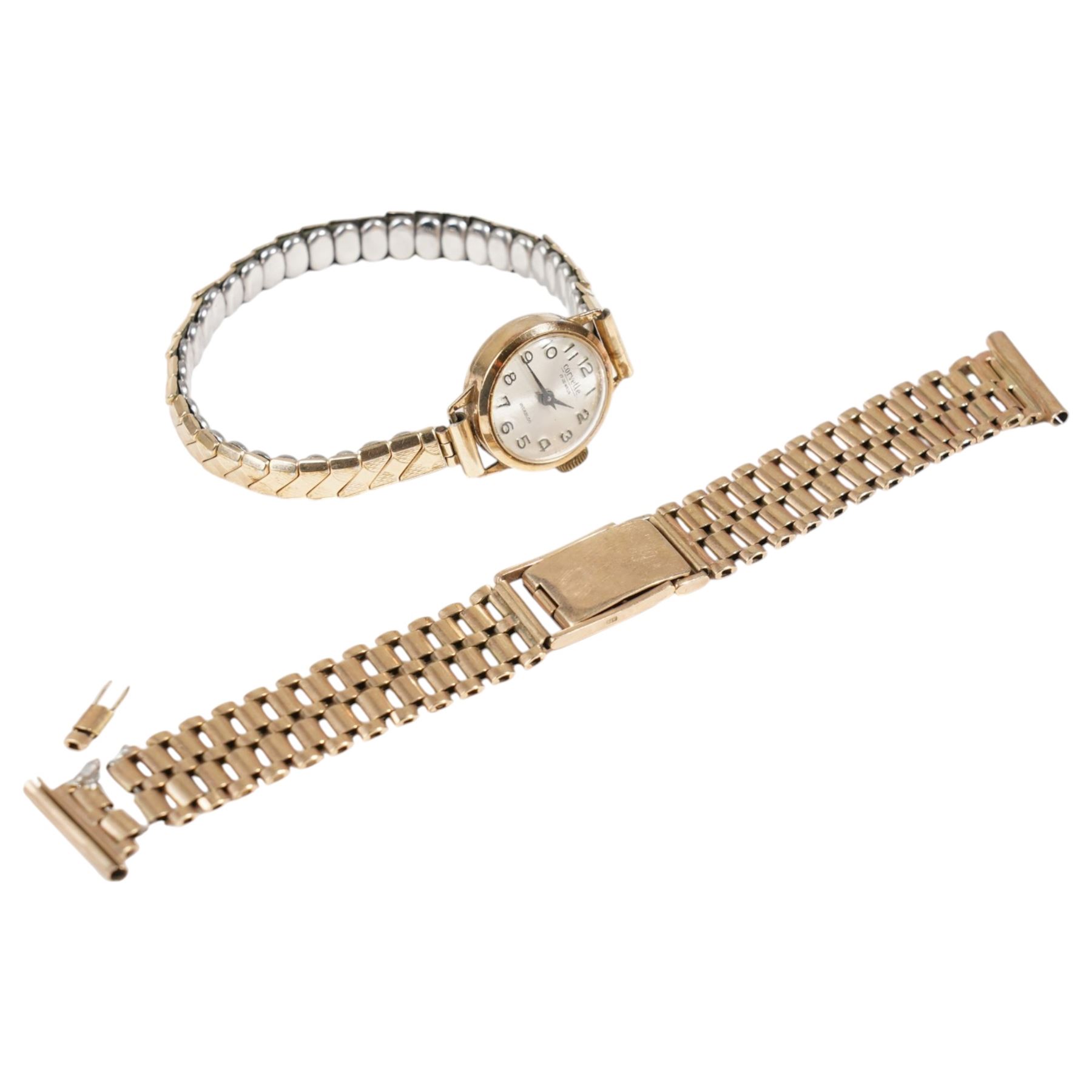9ct gold gents wristwatch bracelet and a 9ct gold Corvette ladies wristwatch on rolled gold expanding bracelet