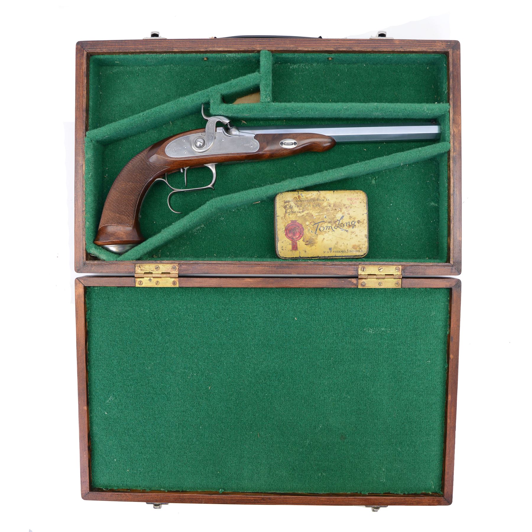 SECTION 1 FIREARMS CERTIFICATE REQUIRED - Pedersoli caliber.44 black powder pistol, the octagonal 26cm barrel stamped 'Pedersoli I-Italy Cal.44 black powder only' beneath, engraved steel lock, hammer, scrolling trigger guard, butt cap and mounts, checkered grip,in wooden case, serial no. 10250