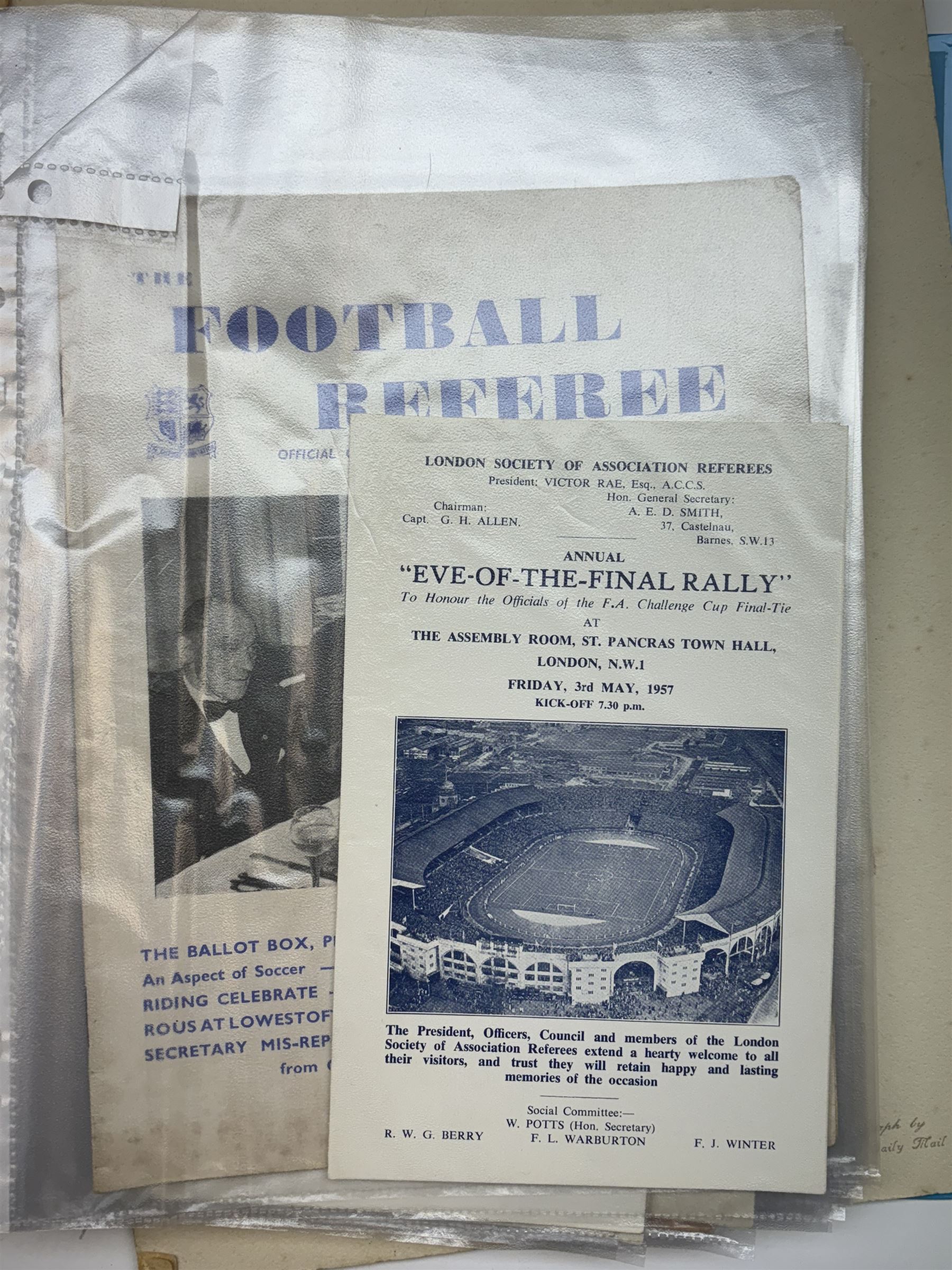 Collection of football memorabilia belonging and relating to the Hull based referee Frank Coultas, including 9ct gold Referee's medal for the 1957 Aston Villa v Manchester United FA Cup Final, inscribed 'The Football Association, F.B Coultas, F.A. Challenge Cup Competition, Final Tie 1957', hallmarked and in original case; the kit worn by him to referee the 1957 FA Cup Final and ephemera relating to the match including photographs, programmes and tickets; together with other football memorabilia collected by Frank Coultas, including programmes, photograph and ticket stubs, with some items relating to the 'Busby Babes'