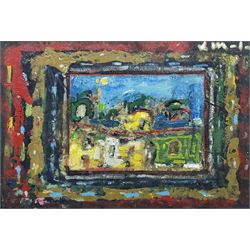 Leucio Mele (Italian 20th century): Abstract Compositions with Still Life and Landscape Window Scenes, set five mixed medias on board unsigned 45cm x 30cm