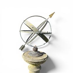 Impressive Haddon stone armillary sundial, raised on column pedestal with octagonal base, seated on weathered sectional plinth, measurements without plinth.
Plinth: 140cm x 140cm