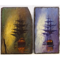  Galleons at Sea, four oils on slate signed by Michael J Whitehand (British 1941-) max 47cm x 30cm (4)  