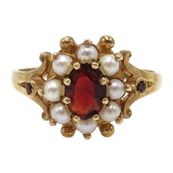  9ct gold seed pearl and garnet cluster ring, Birmingham 1979  