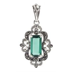Silver green quartz and marcasite pendant, stamped 925