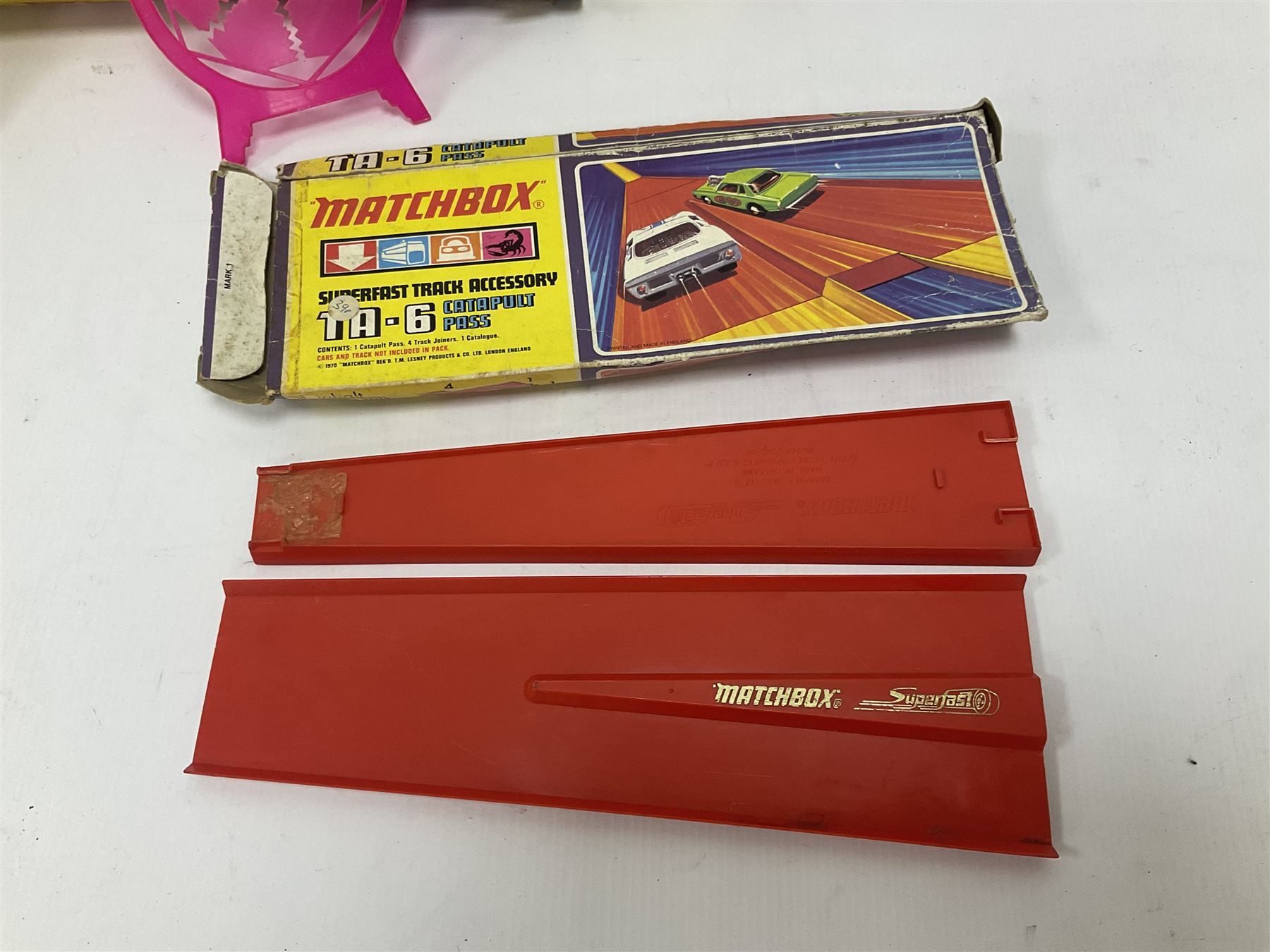 Matchbox Superfast track and accessories, both loose and boxed, to include SF-2 Loop Set, TA-4 Pacemaker Handbooster, TA-6 Catapult Pass, etc 