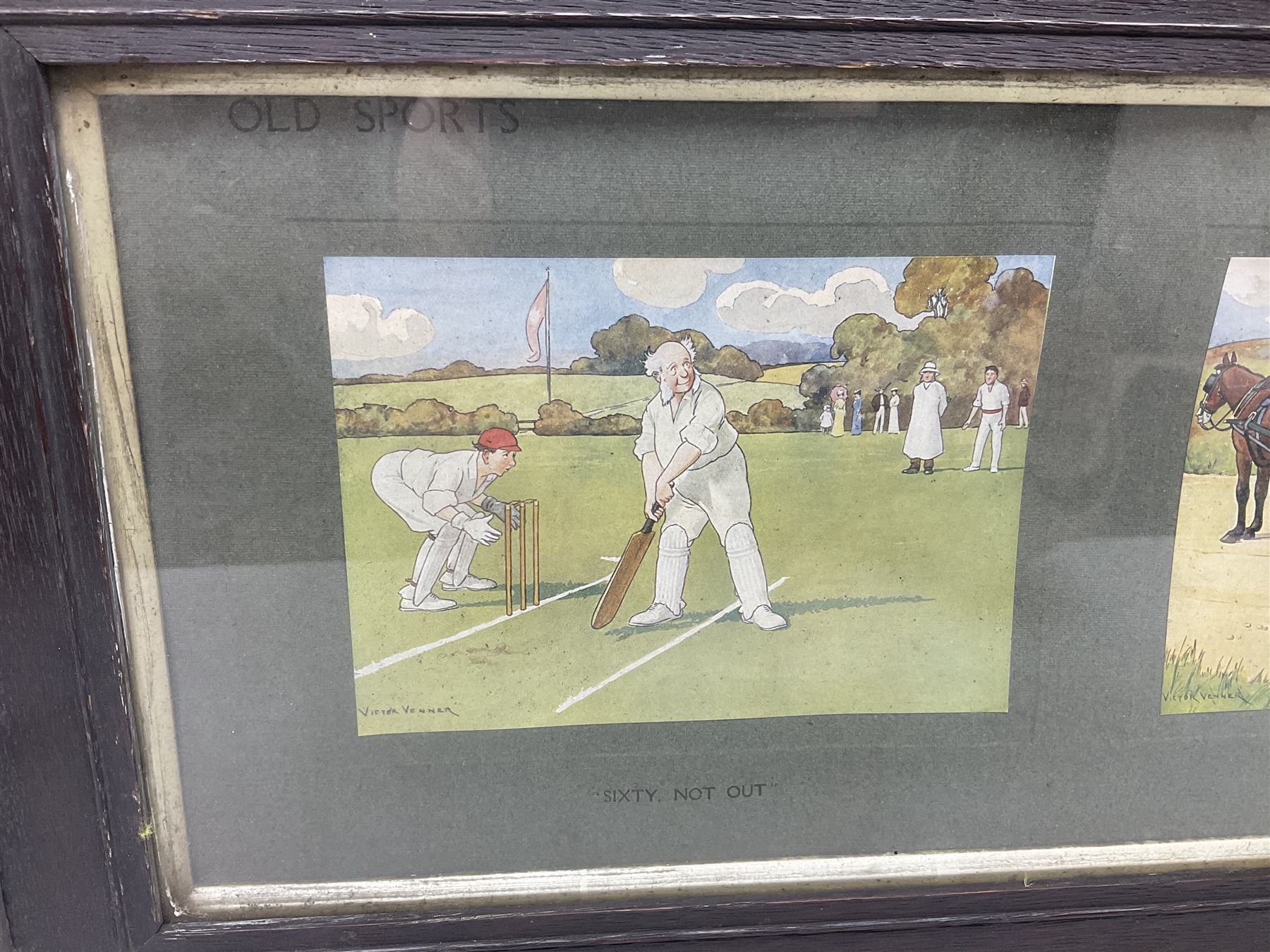 Victor Venner: 'Old Sports' set of three framed chromolithographs, 'Sixty Not Out', 'Bagging a Brace' and Waiting for a Bite' 