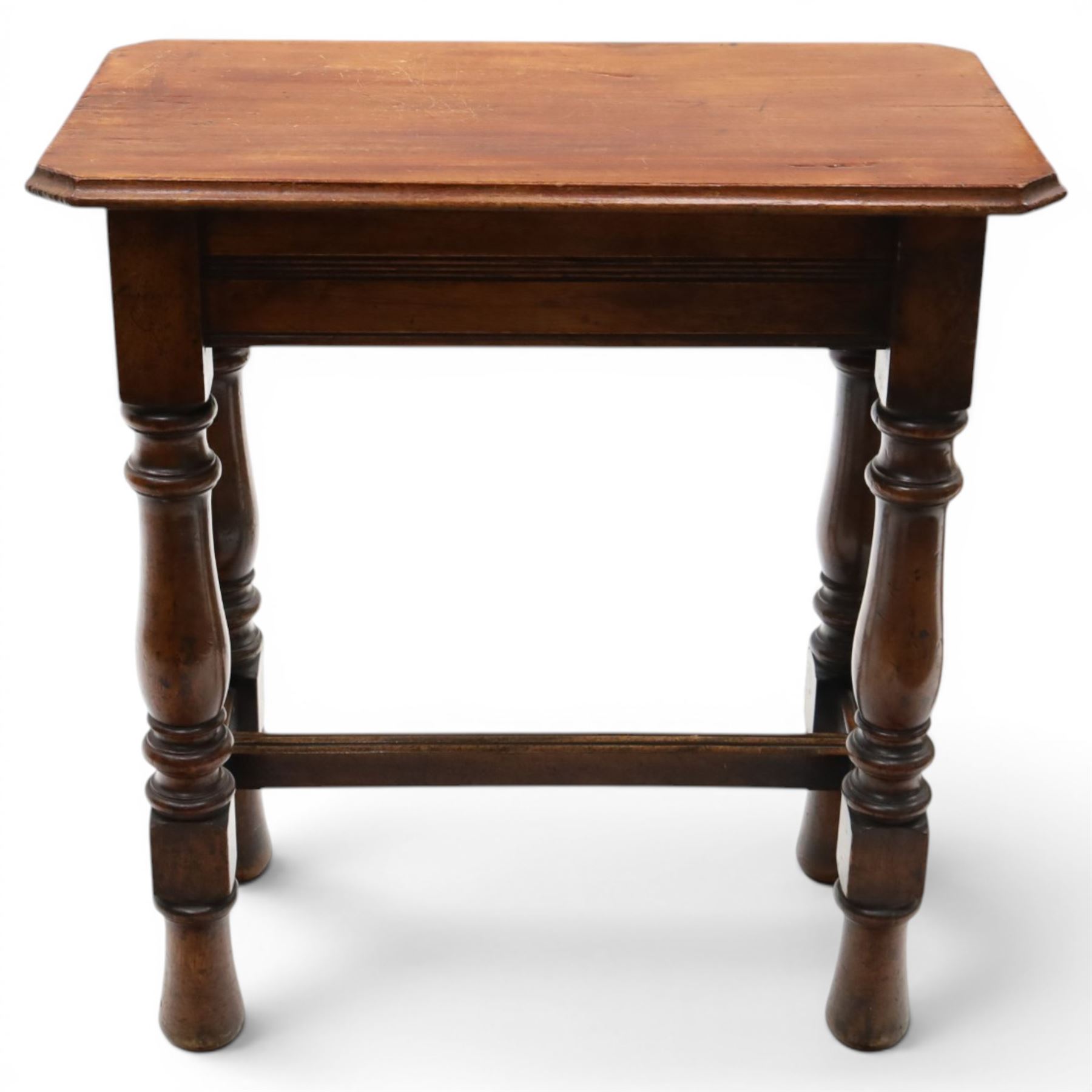 Victorian oak extension table or side table, rectangular moulded top with rounded corners, pull-out extending action, reeded frieze, on turned supports united by H-shaped stretchers
