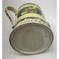 A large 19th century Staffordshire loving cup, detailed 'The Real Cabinet of Friendship Justice and Equity' (a/f), H22cm, together with a pair of 19th century Staffordshire dalmatians, upon oval blue bases, H13cm, a Dresden ewer hand painted with floral sprays, with mark beneath, H15.5cm, and a Coalbrookdale style floral encrusted vase and cover, H16.5cm. 