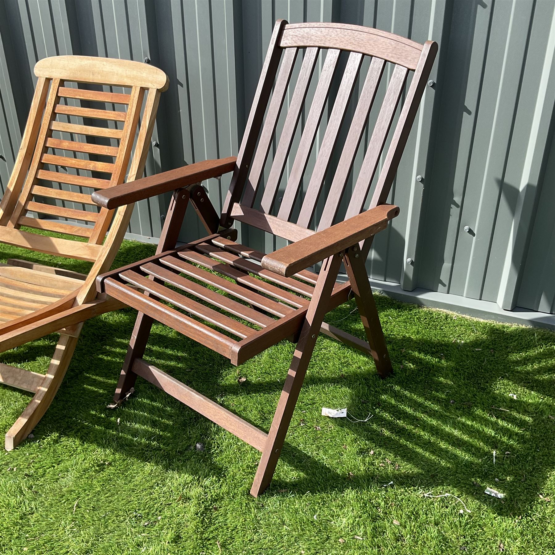 Two teak folding garden armchairs and folding lounger - THIS LOT IS TO BE COLLECTED BY APPOINTMENT FROM DUGGLEBY STORAGE, GREAT HILL, EASTFIELD, SCARBOROUGH, YO11 3TX