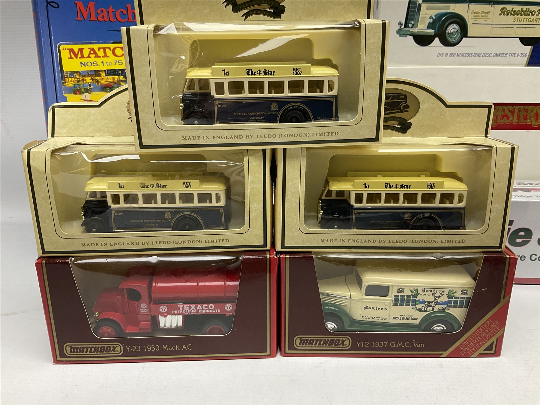 Matchbox - 1929 Scammell 100 ton truck with GER 2-4-0 locomotive; 1936 Leyland Cub Fire-Engine; five Models of Yesteryear; six Dinky Collection vehicles; and Matchbox reference book; together with three Atlas Eddie Stobart vehicles; and three Lledo promotional models; all boxed 