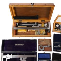 Collection of measures and gauges, including Venture Tachometer, collection of micrometers including Brown & Sharpe examples, three height gauges and other scientific instruments