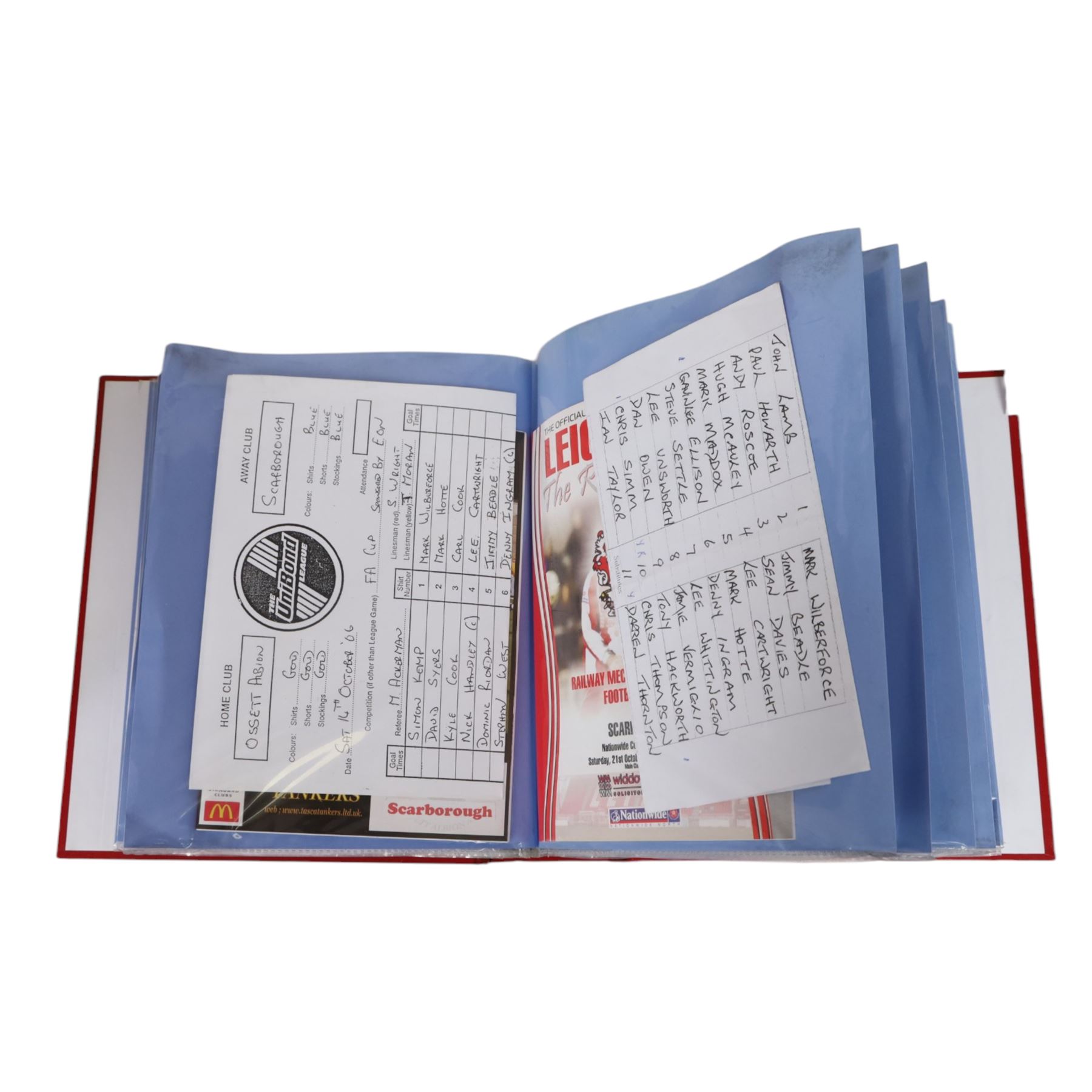 Comprehensive collection of approximately two hundred and thirty Scarborough FC football programmes for the 2003/04, 2004/05, 2005/06 and 2006/07 seasons, all filed within eight dedicated Scarborough FC red Home and Away binders