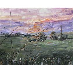 Paula Seller (Northern British Contemporary): 'Rural Sunset', acrylic on canvas signed with monogram and dated 2021, titled verso 41cm x 51cm (unframed)