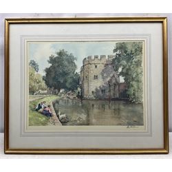 Eric R. Sturgeon (British 1920-1999): 'The Palace Gatehouse Wells', 'Bath Abbey', 'Pulteney Bridge' and 'Wells Cathedral', set of four lithographs signed in pencil and blind stamped, together with a print of Labradors, signed 'Logan' and numbered in pencil max. 43cm x 58cm (5)