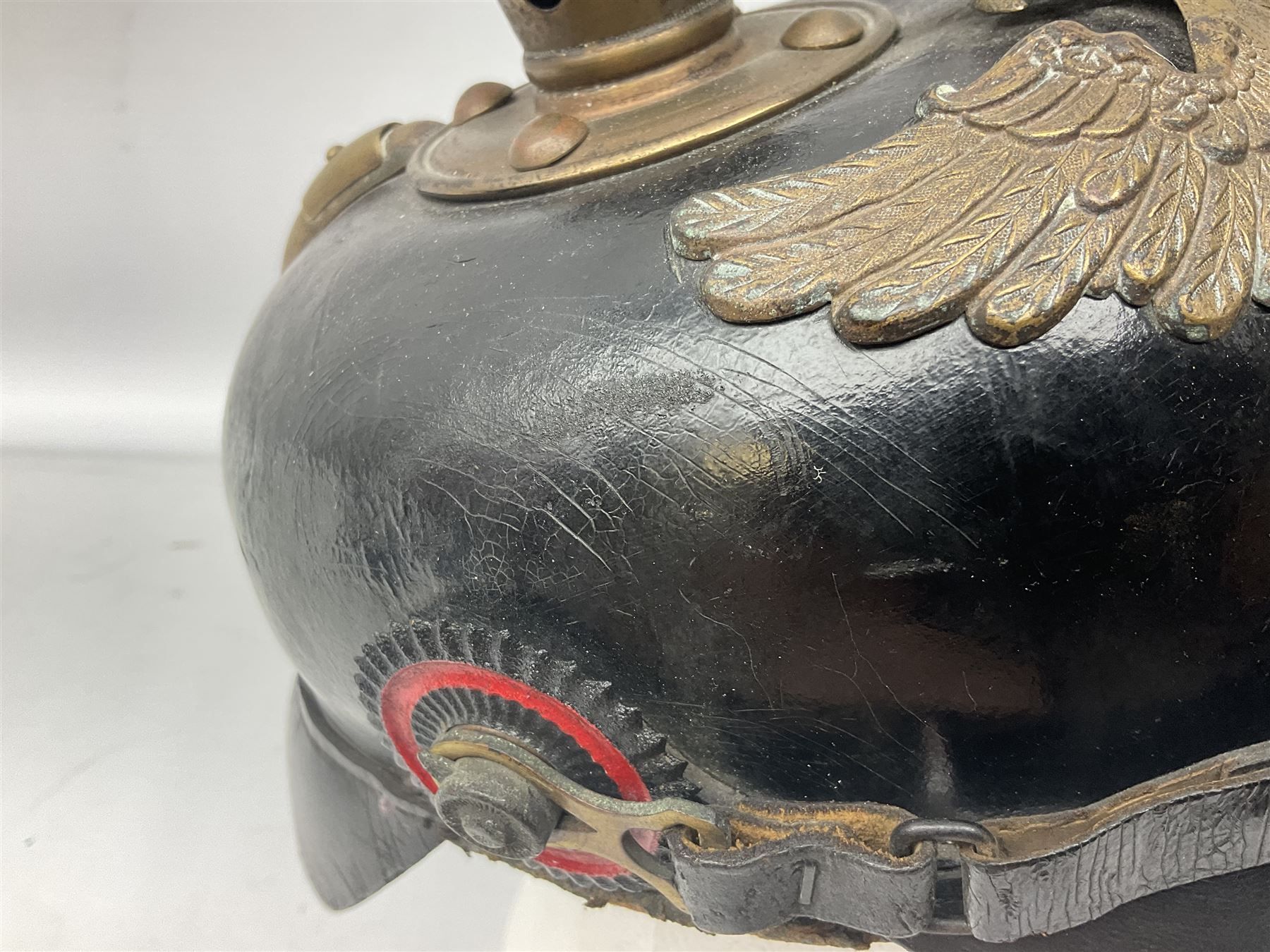 WW1 German leather Pickelhaube helmet with brass plate for Baden regiment, leather strap and leather part only of liner