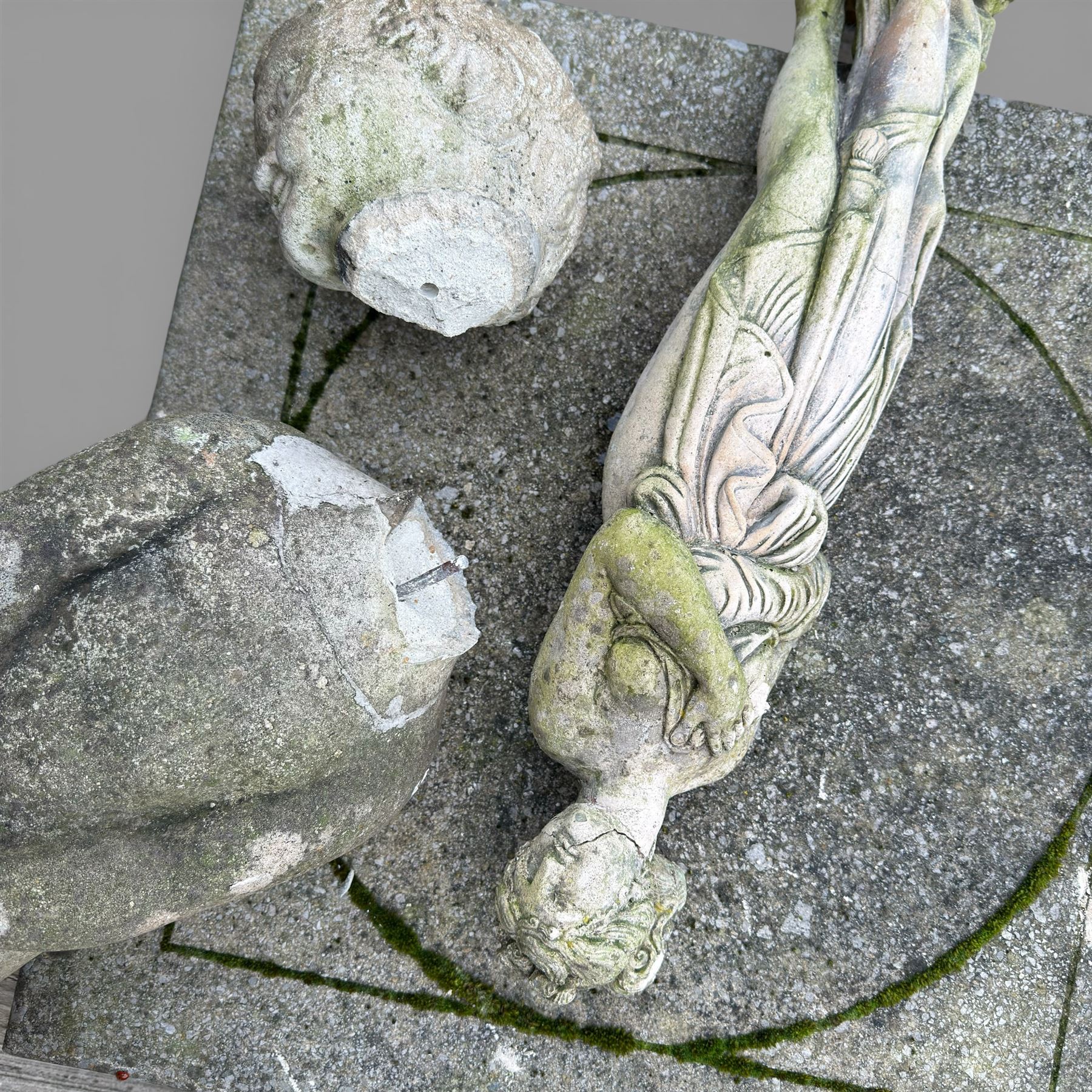 Small cast stone female figure with two fountains and other items