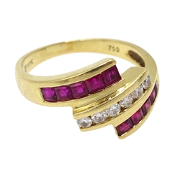 18ct gold round brilliant cut diamond and calibre cut ruby three row ring, stamped 750