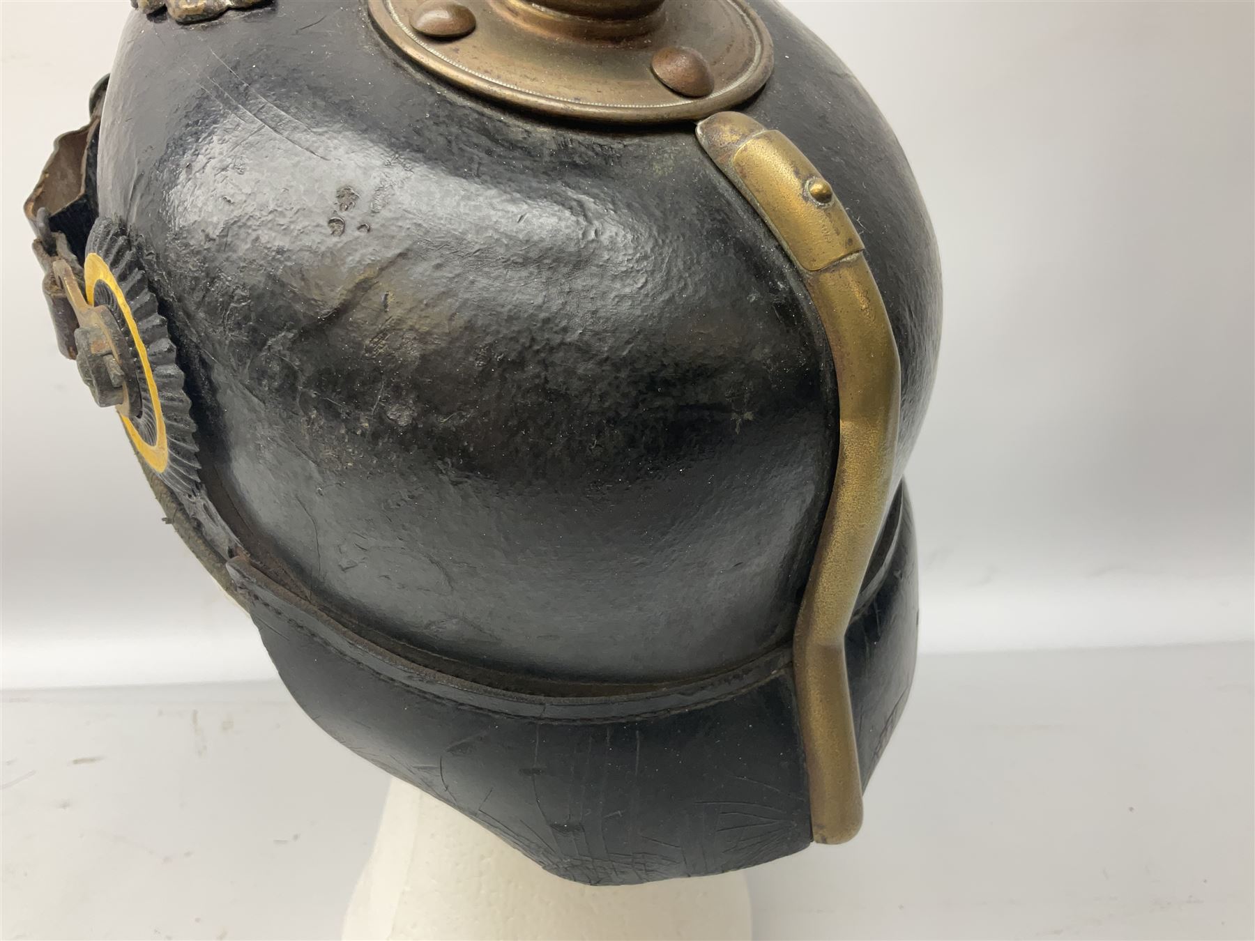 WW1 German leather Pickelhaube helmet with brass plate for Baden regiment, leather strap and leather part only of liner
