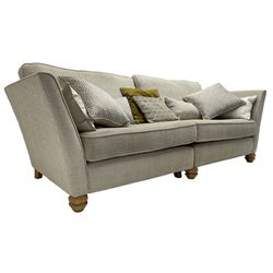 Oak Furnitureland - three-piece lounge suite upholstered in grey fabric, large three-seat sofa (W238cm, D106cm), two-seat sofa (W209cm), and snuggler sofa (W129cm)