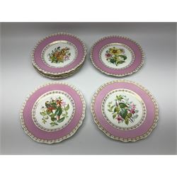 Victorian Copeland, Botanical dessert service, decorated with floral sprigs to the centre with a pink and gilt border, comprising five comports and seven plates, largest comport H20cm, plate D22cm
