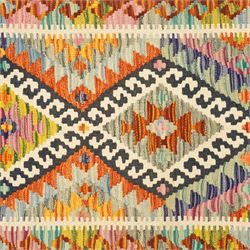 Afghan Chobi flatweave kilim runner, with a repeating stepped diamond medallion design in ivory, green, rust, teal, purple, indigo, and framed by chevron and geometric borders