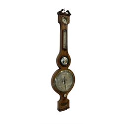Mid 19th century mercury barometer - in a walnut case with a swan neck pediment, hygrometer, mercury thermometer, butlers mirror and spirit level, 8