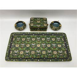20th century Chinese cloisonne enamel smoking set, comprising two ashtrays, box and tray, with floral and foliate scrolling on green ground