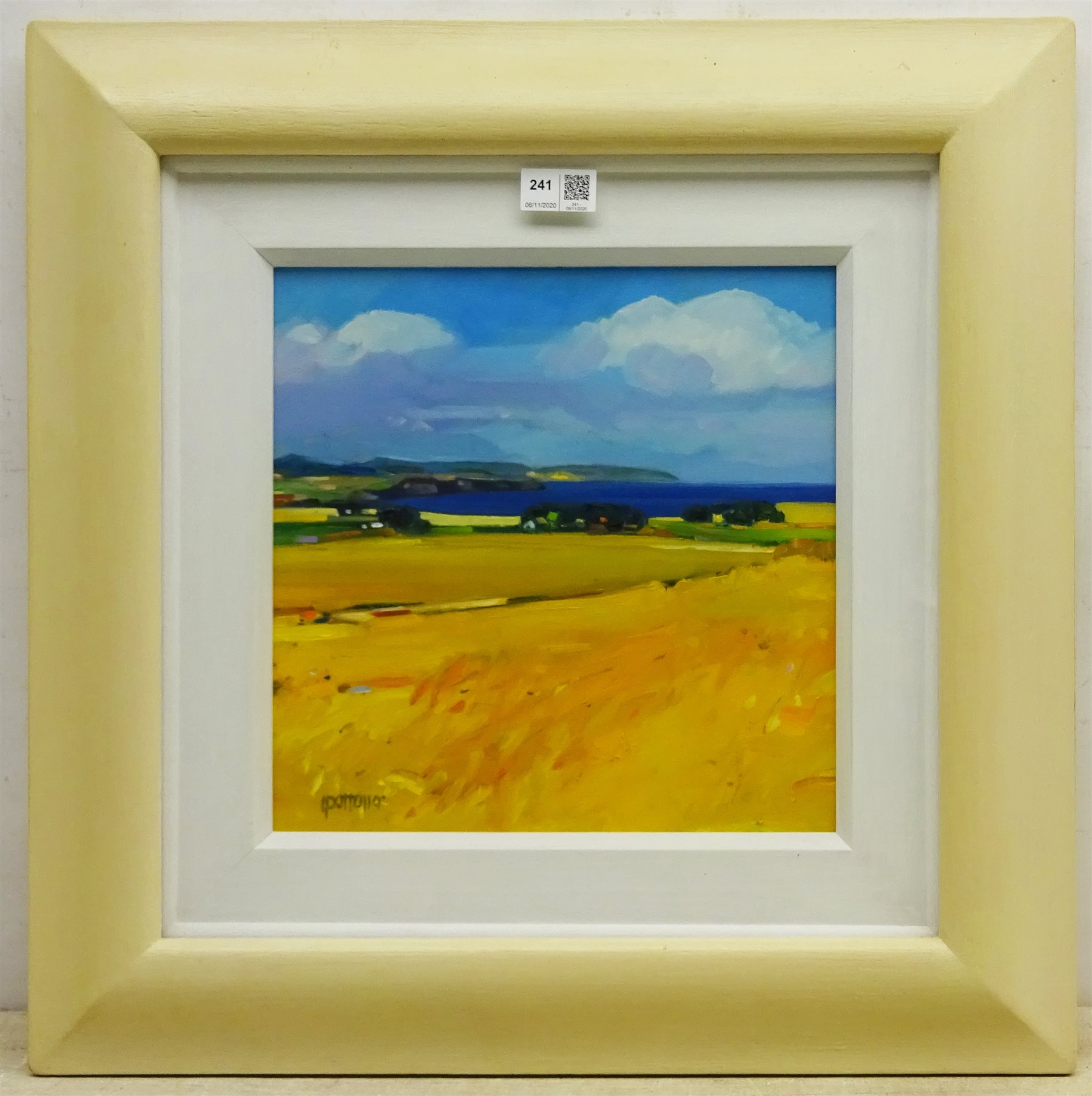 Lin Pattullo (Scottish 1949-): 'Cornfields at Angus', oil on canvas signed, titled verso 29cm x 29cm
Provenance: purchased by the vendor from the Richard Hagen Gallery Broadway, label verso

