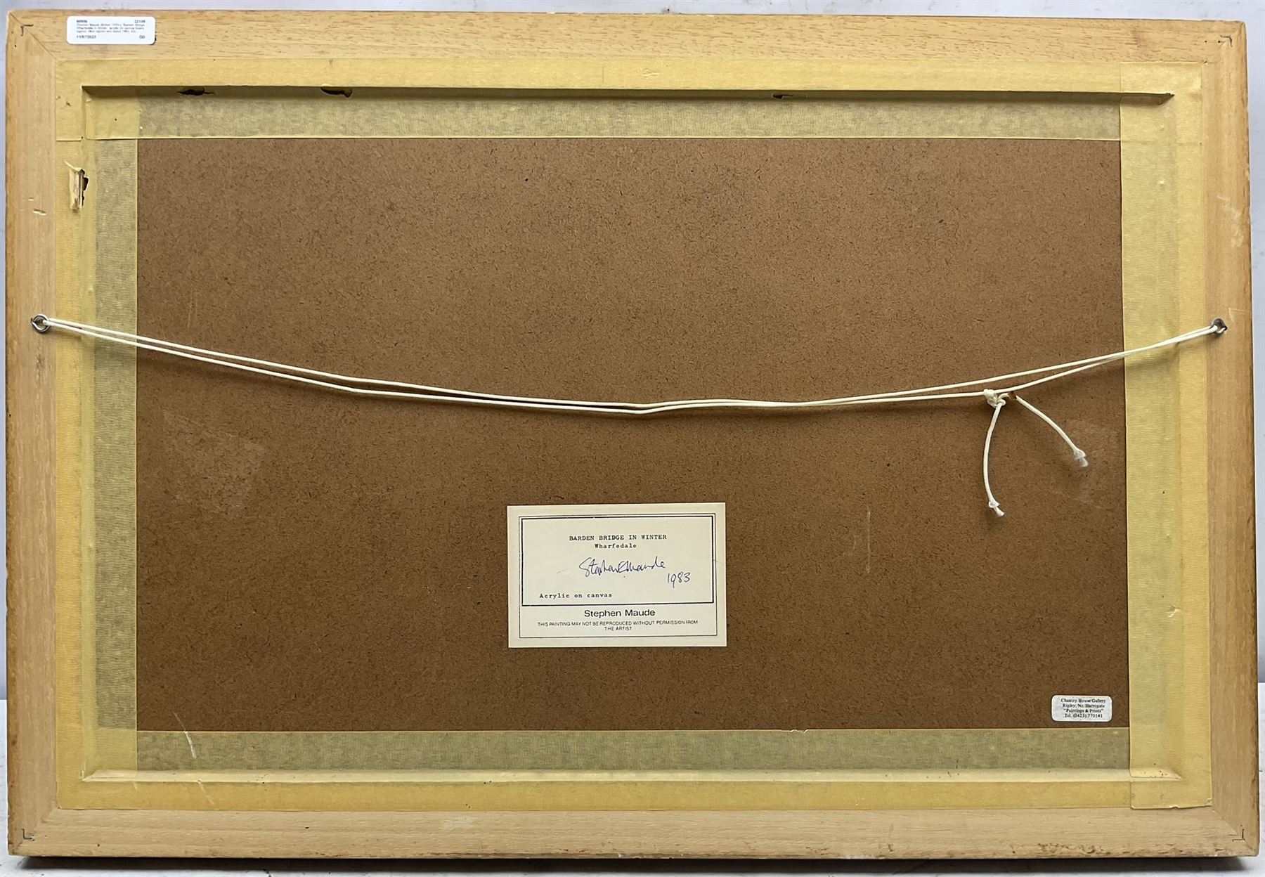 Stephen Maude (British 1919-): 'Barden Bridge Wharfedale in Winter', acrylic on canvas board signed, titled signed and dated 1983, 42cm x 67cm