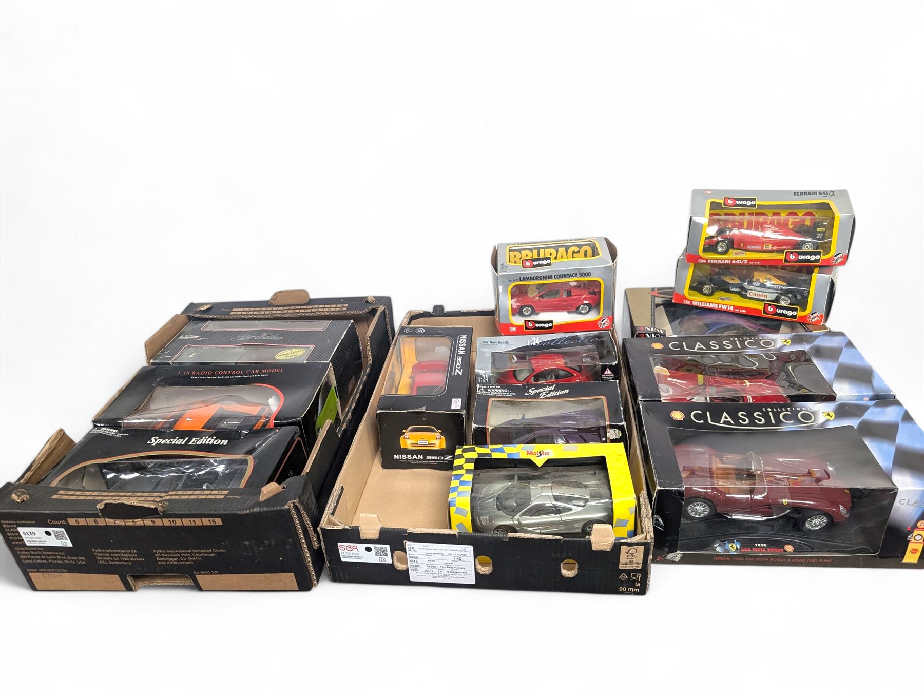 Fourteen 1:18 and 1:24 scale diecast model vehicles, including Classico Ferrari 1972 312, DX RC Lamborghini Gallardo, Maisto Silver Edition Porsche Boxter, , Bburago Williams Fw14, Bburago Ferrari 641/2, etc all boxed