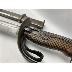 WW2 Japanese Model 1899 Type 32 'Ko' pattern cavalry sword, with 82.5cm single edged, slightly curved blade with narrow fuller, numbered 33825 to the ricasso; steel hilt with chequered backstrap and grip ears with wooden chequered grip and leather finger loop; locking action; in steel scabbard with single hanging ring L99.5cm overall