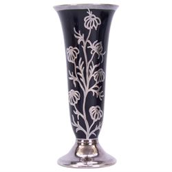 Cranberry glass scent bottle with silver overlay, together with German fluted vase with silver overlay upon a blue ground and similar teacup