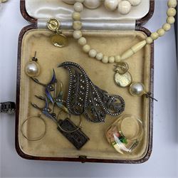 Vintage and later costume jewellery to include continental broach modeled as three birds in flight with enamel wings, marked 925 foreign, further silver brooch hallmarked for birmingham, a sterling silver ingot type pendent hallmarked for london an ivory bead necklace, vintage jewellery box interior detailed T H Windermere & co. 