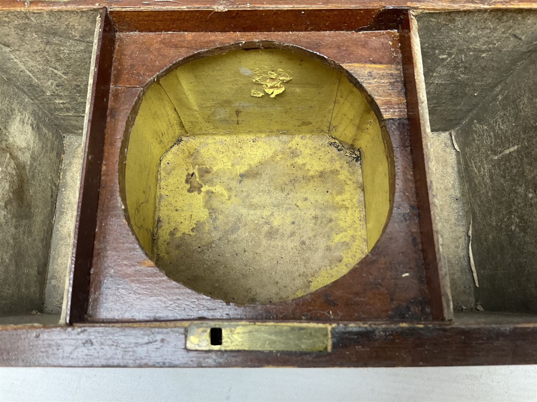 Walnut tea caddy of sarcophagus form, two division lidded interior with a later glass mixing bowl, upon four brass bun feet together with a walnut sewing box with mother of pearl inlaid decoration, tea caddy H16cm