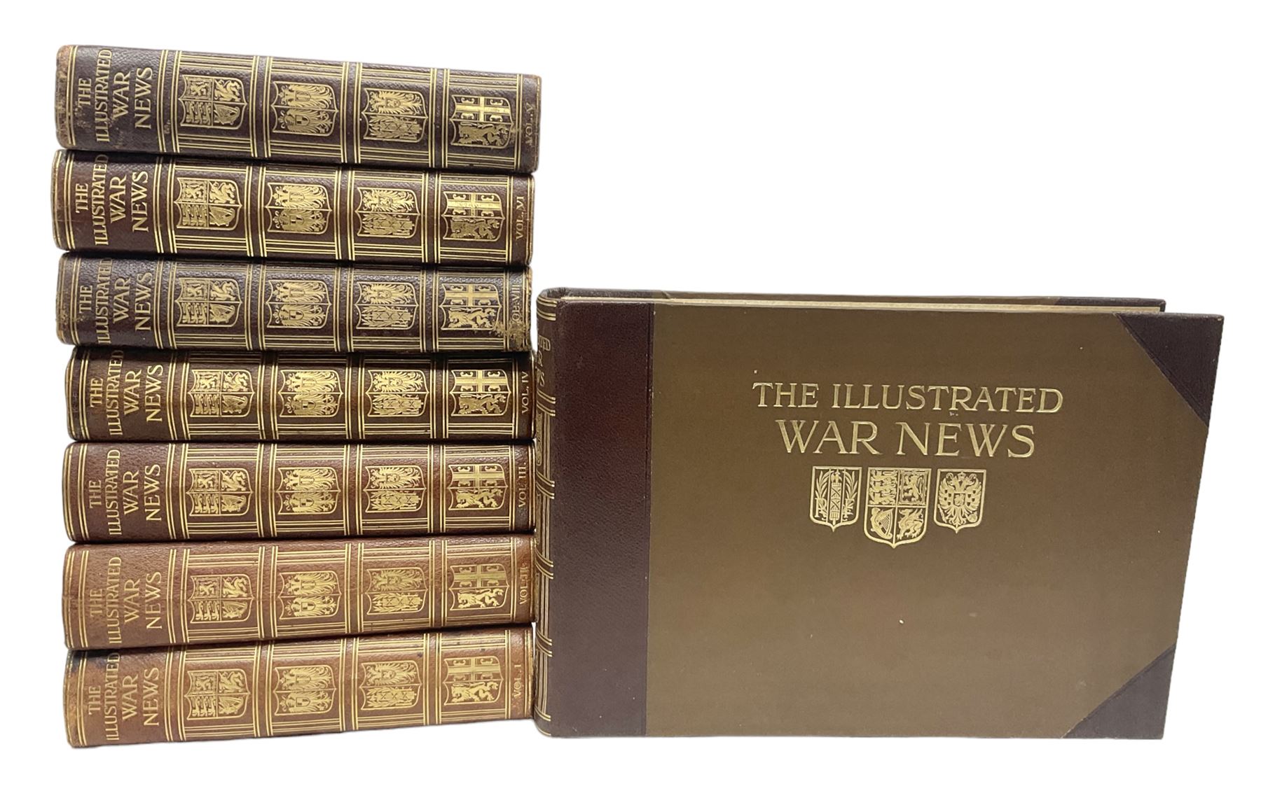 The Illustrated War News - Being a Pictorial Record of the Great War. Parts 1 -96 August 12th 1014 - June 7th 1916 uniformly bound in eight oblong quarto volumes with half-leather/gilt binding. Published by The Illustrated London News (8)