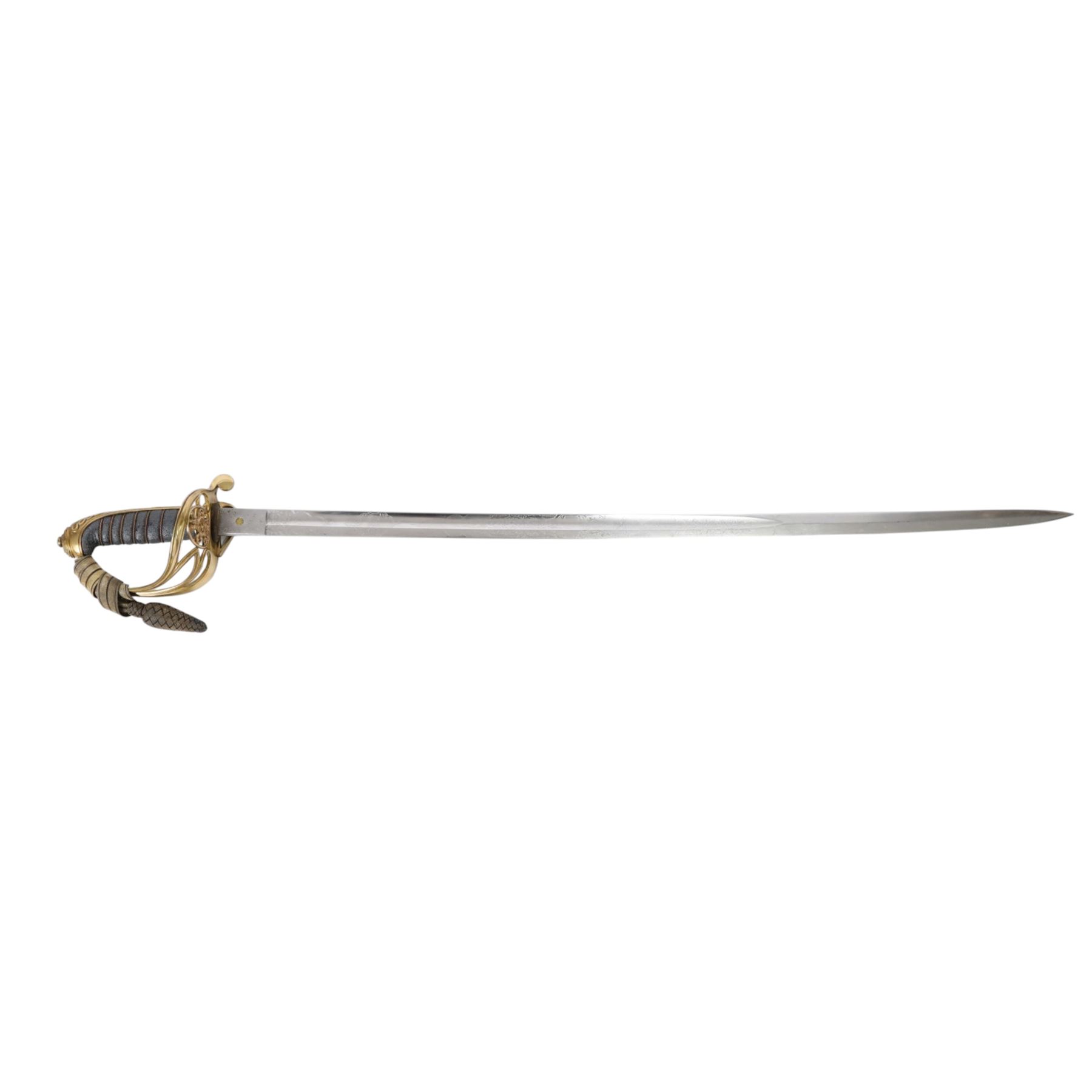 British 1822 pattern, named, infantry officers' sword, the 82cm slightly curved and fullered single edged blade engraved on both sides, bears the Victorian coat of arms and the owners initials 'GB', ricasso marked Grindlay & Co London, the brass basket guard with Victoria cartouche and fold down rear flap, shagreen bound grip with original wire binding and gilt sword knit, with brass scabbard, twin suspension rings and steel chape mount, overall L102cm  